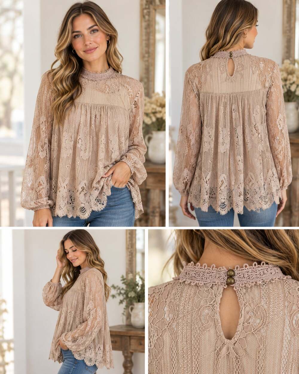 Taylor & Sage Mock Neck Lace Blouse Size S Pink Long Sleeve Overlay Top